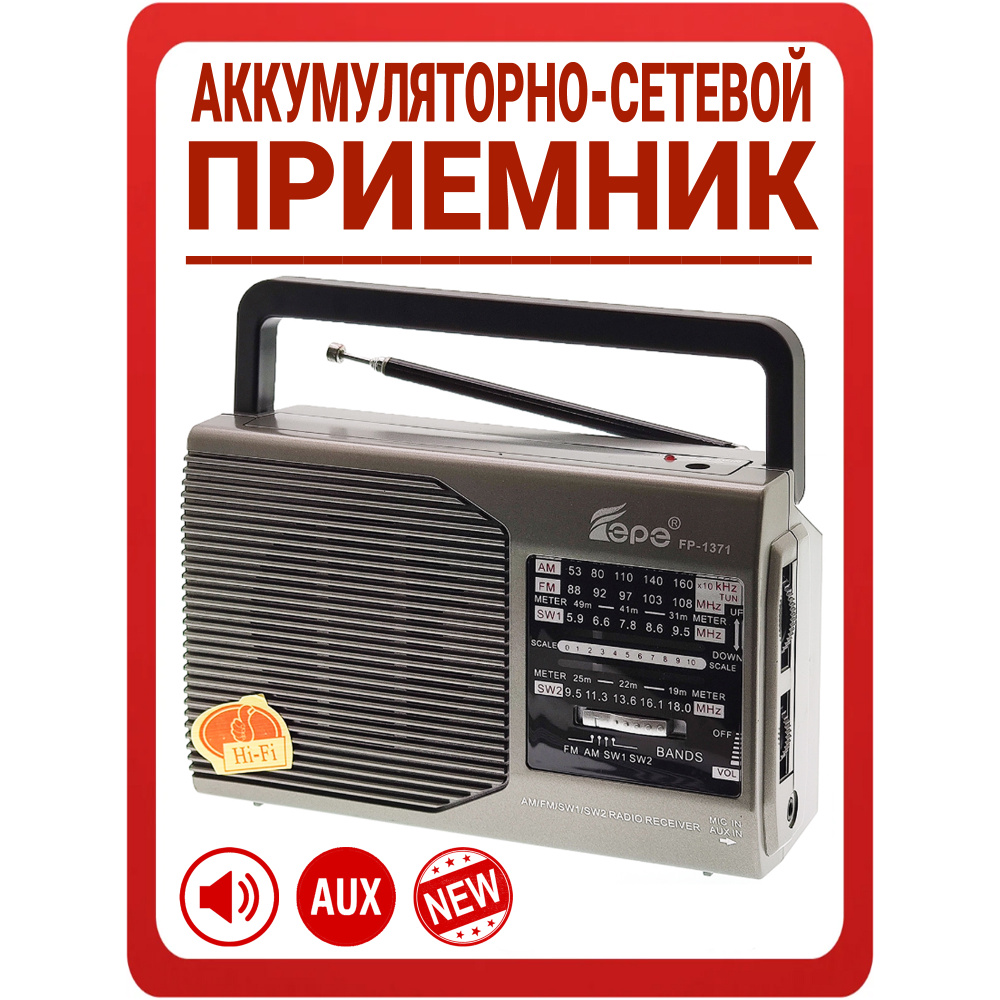 Приемник радио от сети / С аккумулятором / Радиоприемник аккумуляторно-сетевой Fepe: AM, FM (88-108 MHz), #1