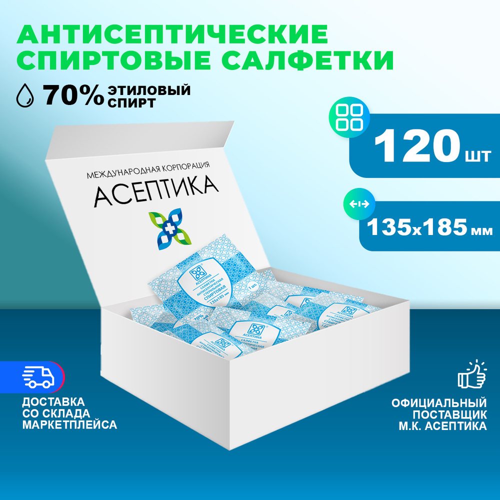 Спиртовые салфетки 135х185мм 120 штук антисептические антибактериальные ...
