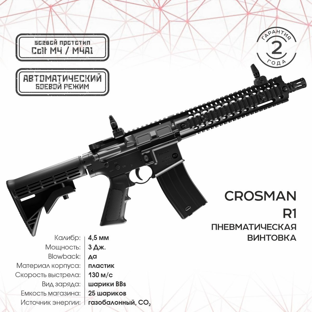 Пневматическая винтовка Crosman Винтовка пневматическая Crosman R1, кал. 4,5  мм, (метал, автомат. огонь) CFAR1B, калибр 4,5, до 3 Дж - купить по  доступным ценам в интернет-магазине OZON (769908870)