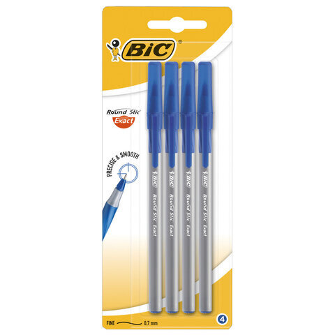 5 шт., Ручки шариковые с грипом BIC "Round Stic Exact", НАБОР 4 шт., СИНИЕ, линия письма 0,28 мм, блистер, #1