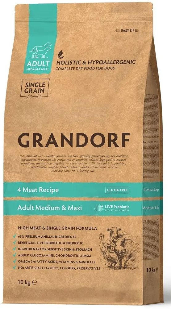 GRANDORF 4 Meat Recipe MED & MAXI 10 кг полнорационный сухой корм ...