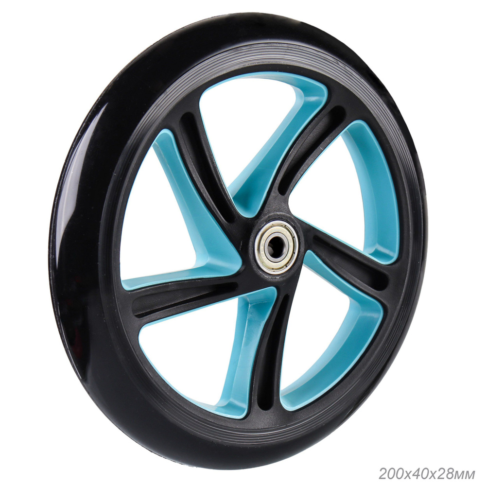 Колесо для самоката PU, обод пластиковый 200/40/28 мм с 2 подшипниками ABEC-7 / черное c голубой вставкой #1