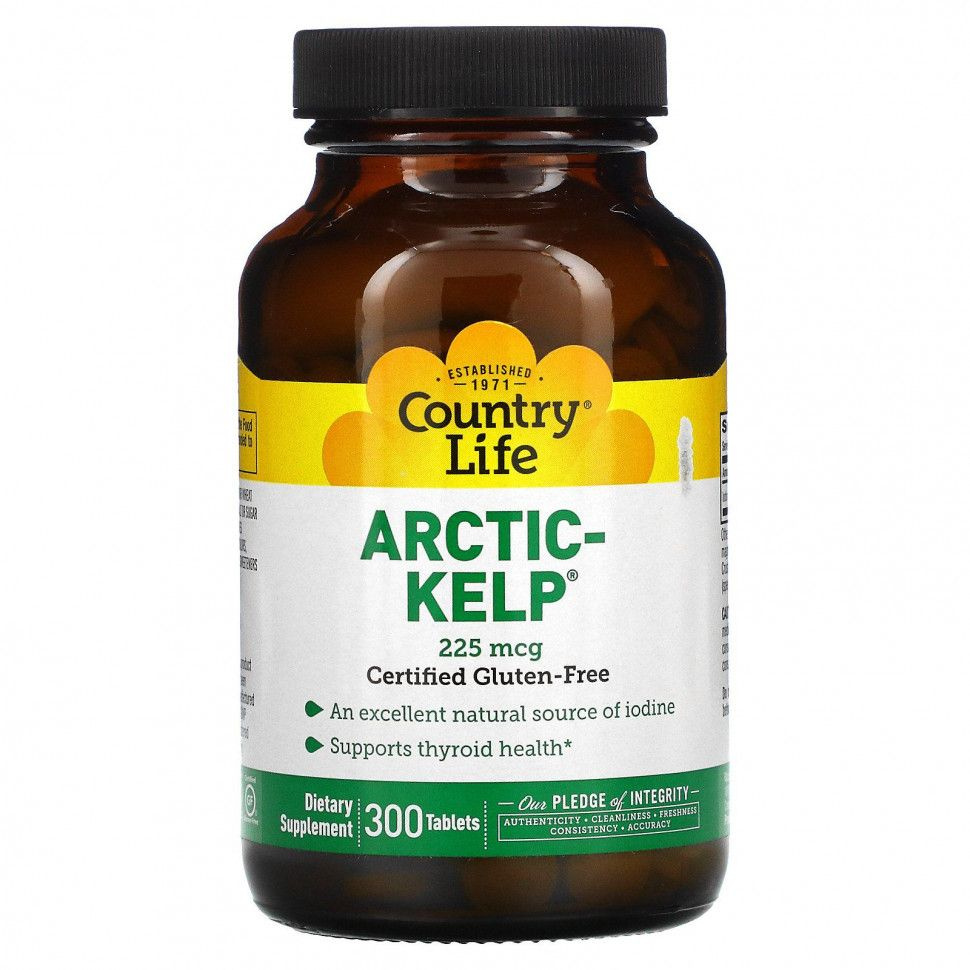 Arctic-Kelp пищевая добавка Country Life, арктические бурые водоросли, 225 мкг, содержит йод, 300 таблеток #1