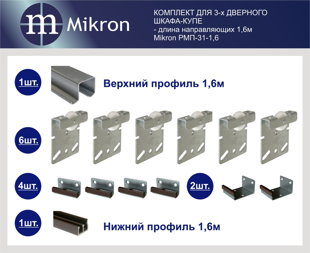 Комплект роликов и направляющих для сборки 3-х дверного шкафа-купе ...