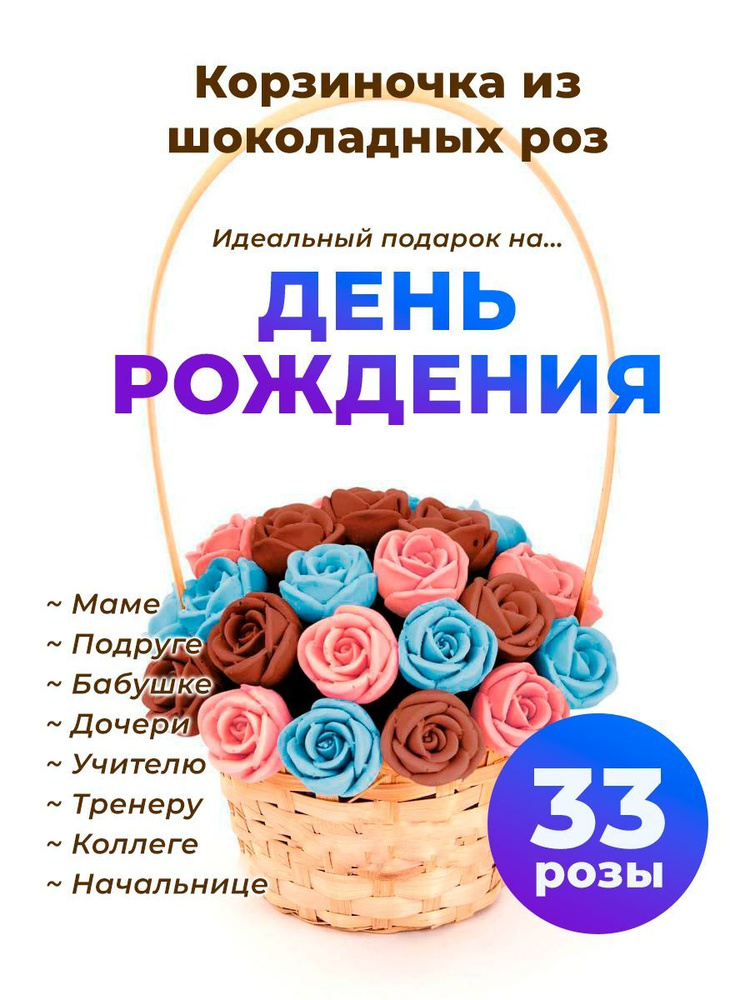 33 шоколадные розы CHOCO STORY в корзинке - Голубой, Розовый и Коричневый Бельгийский шоколад, 396 гр. #1