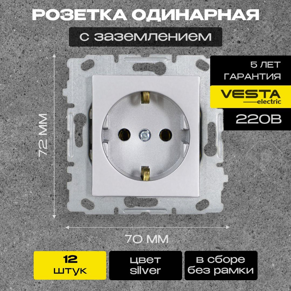 Розетка одинарная с заземлением без рамки серебристая Vesta-Electric Silver -12 шт  #1