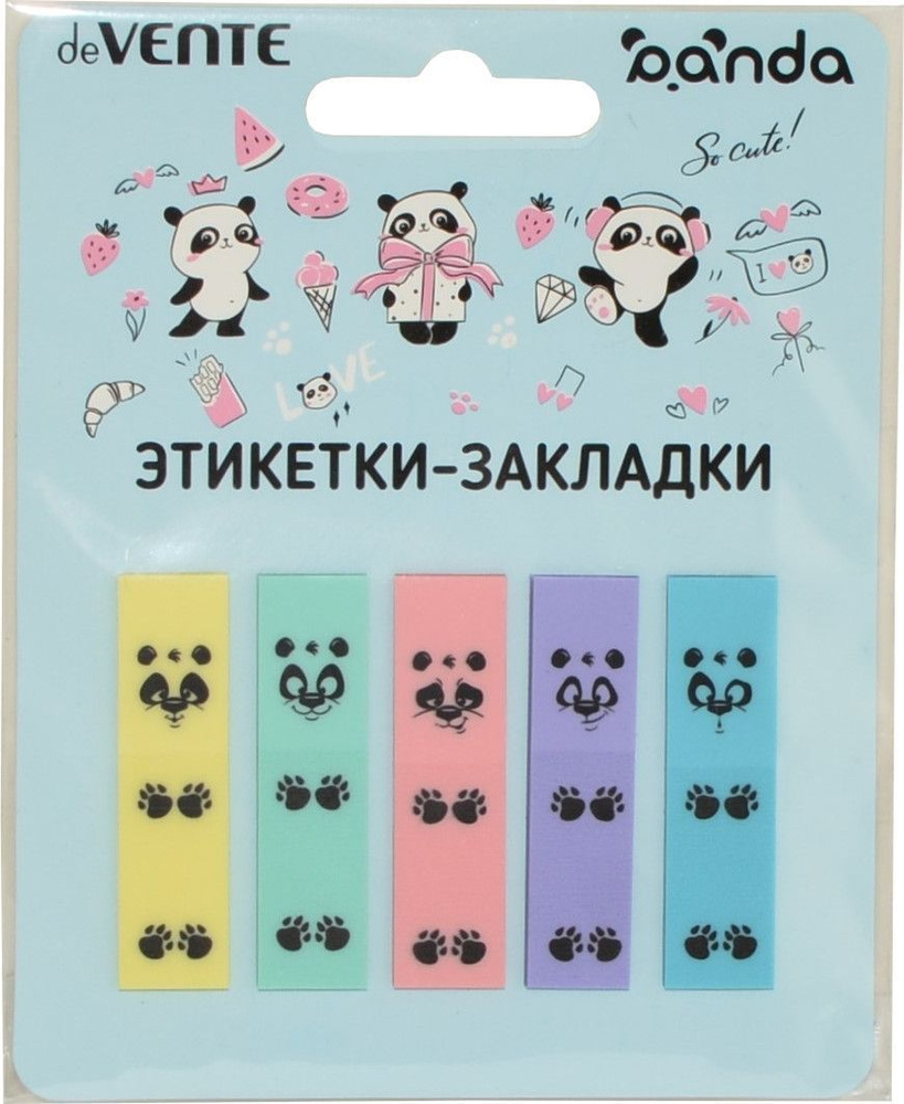 Закладки-ярлычки стикеры клейкие с клеевым краем 45х12 мм "Panda" 5 видов по 20 листов пластиковые липкие #1