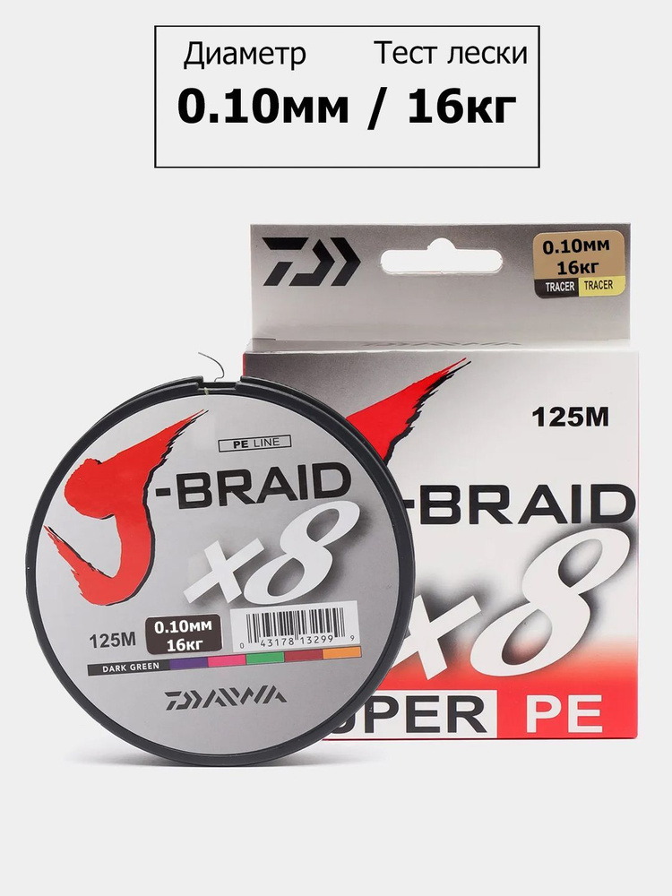 Плетеный шнур для рыбалки Daiwa J-Braid X 8, 0.10мм 16кг 125 м темно зеленый (полиэтиленовое волокно) #1