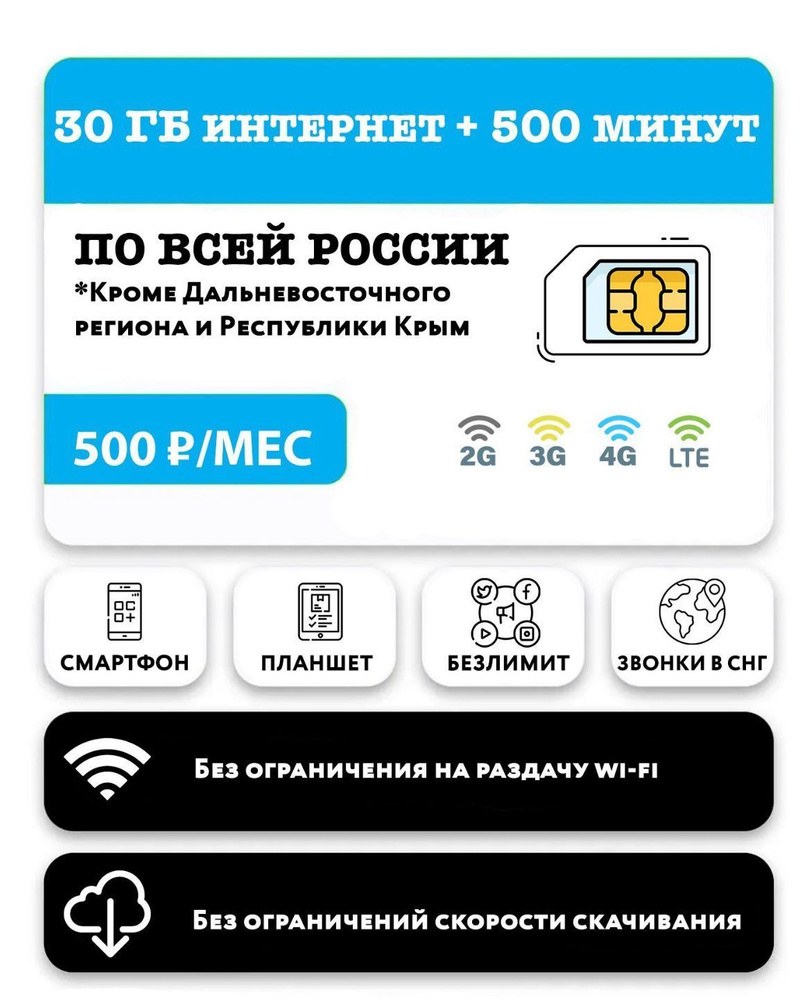 SIM-карта Тариф для планшета, SIM-карта с 500 минут + 30 гб интернета ...