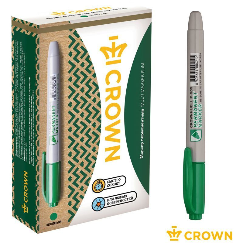 Маркер перманентный Crown "Multi Marker Slim" зеленый, пулевидный, 2мм, 12шт  #1