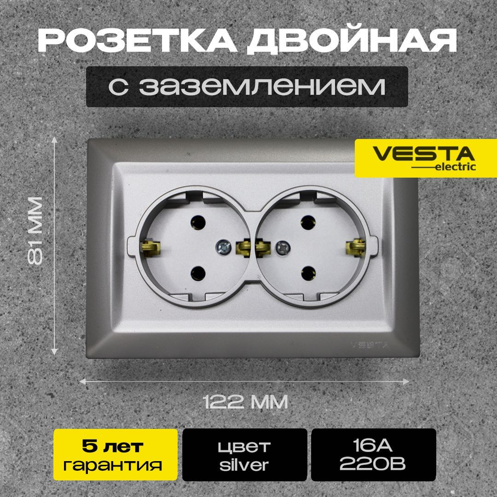 Розетка двойная c заземлением серебристая Vesta-Electric Roma Silver  #1