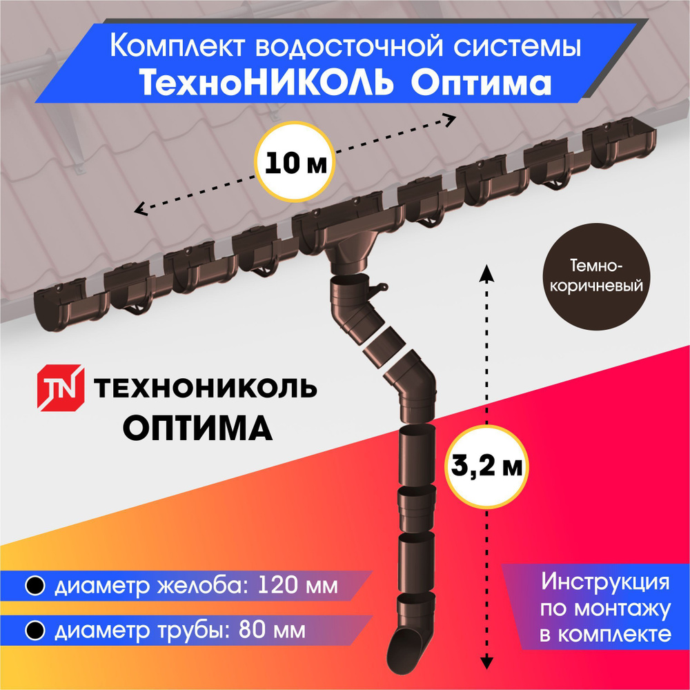 Комплект водосточной системы 120/80 ТехноНИКОЛЬ Оптима для ската 10м, Темно-коричневый (RAL 8019)  #1