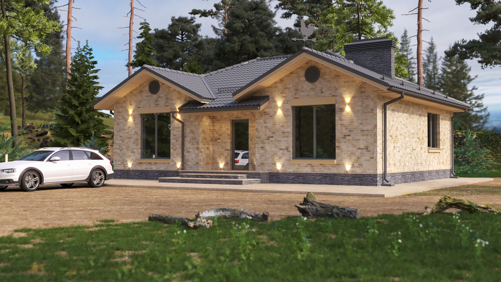 П-образный проект одноэтажного дома 90 м2 с 2 спальнями и раздельными ...