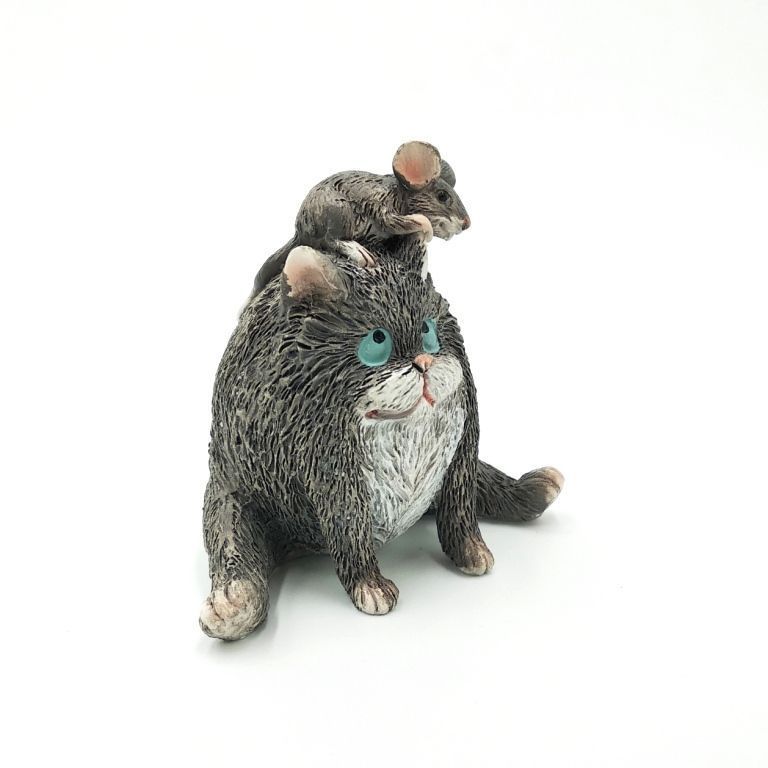 Статуэтка для интерьера Кот с мышкой сидит 6см полимерная. Сувенир для декора дома. Подарок на день рождения, #1