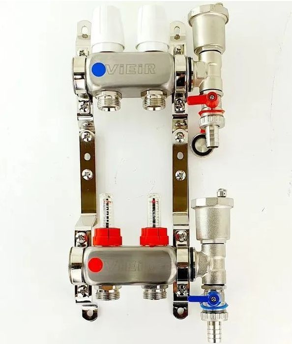 Коллекторная группа с расходомерами ,без крана 2 выхода ViEiR, нержавейка, евроконус(в комплекте:воздухоотводчик+сливные #1