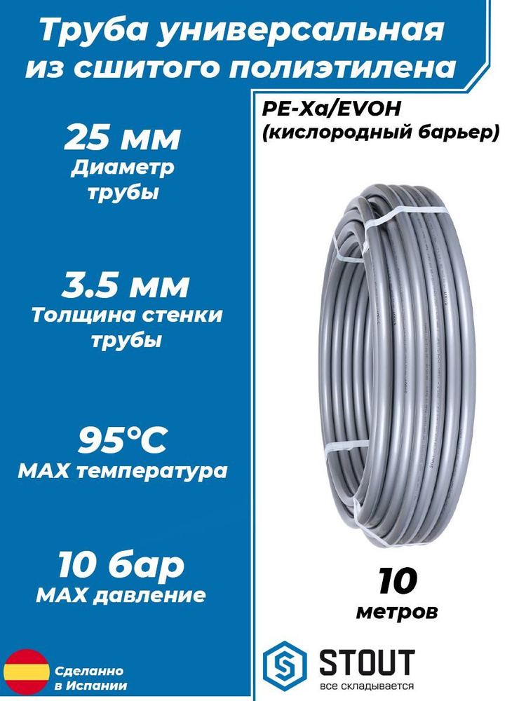 Труба из сшитого полиэтилена STOUT - 25x3.5 (10 метров, PE-Xa/EVOH, цвет серый) Полимерный трубопровод #1