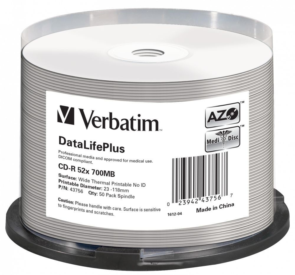 Диск CD-R Verbatim 700Mb 52x Cake Box (50шт) для термопечати (43756) AZO #1