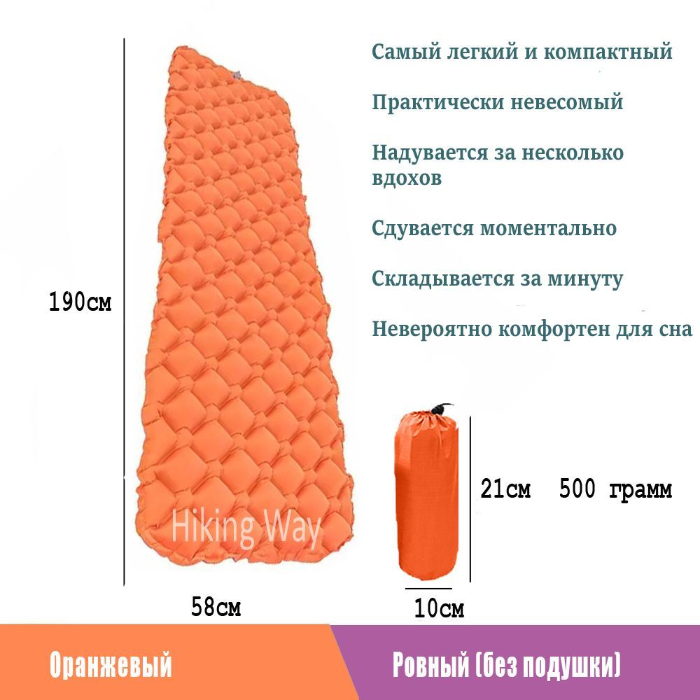 Коврик самонадувающийся туристический Без подушки, легкий, оранжевый, Nylon  40D, матрас туристический, Hiking Way - купить с доставкой по выгодным  ценам в интернет-магазине OZON (1160574562)