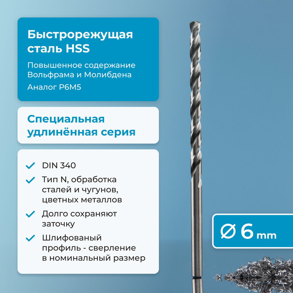 Сверло по металлу 6 мм NORGAU Industrial HSS удлинённое, шлифованное, с центрирующей подточкой перемычки, #1