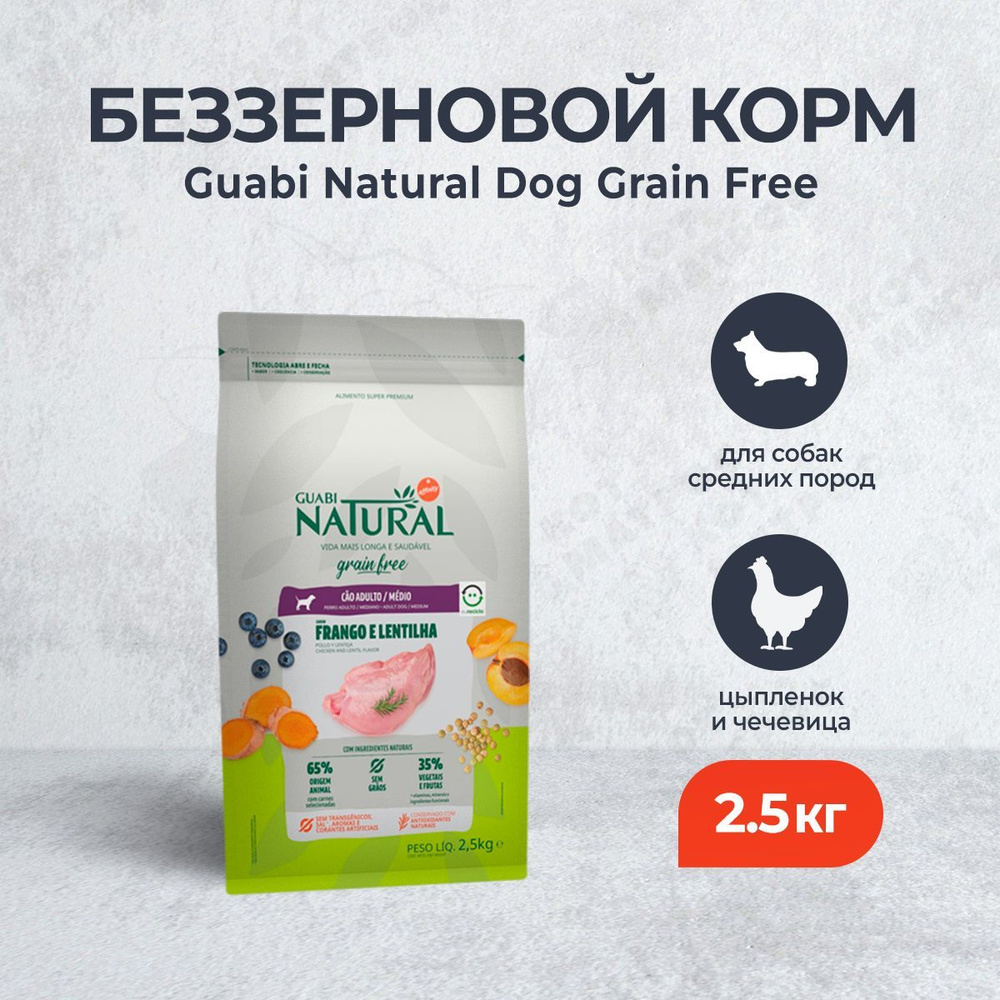 Guabi Natural Dog Grain Free сухой корм беззерновой для взрослых собак  средних пород цыпленок и чечевица - 2,5 кг - купить с доставкой по выгодным  ценам в интернет-магазине OZON (791511577)