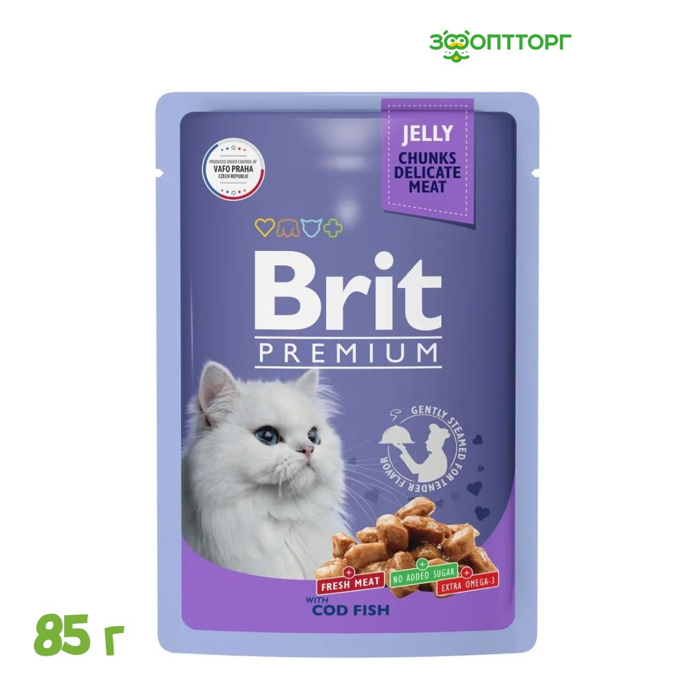 Влажный корм Brit Premium пауч для кошек (кусочки в желе) с треской, 85 ...