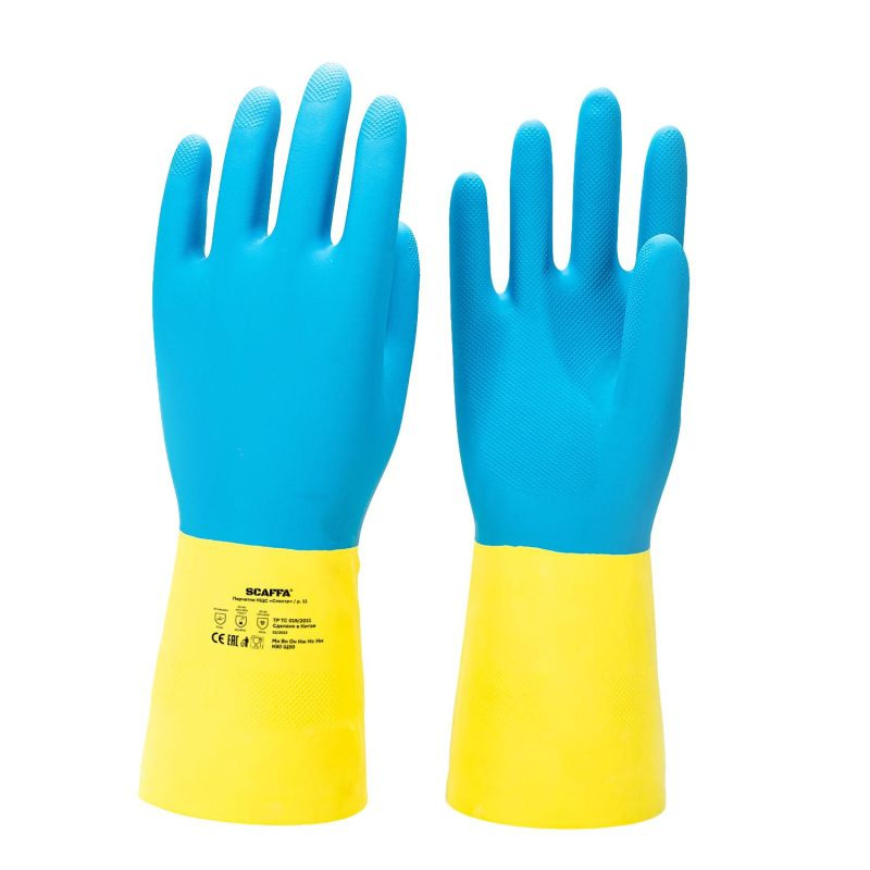 Перчатки защитные латекс/неопрен КЩС SCAFFA Спектр цвет желтый, синий размер 10  #1