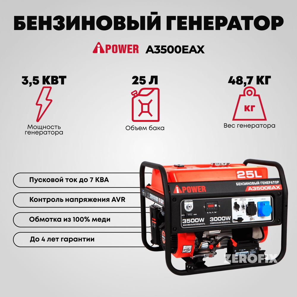 Генератор бензиновый A-iPower A3500EAX (3.5 кВт) - купить по низкой цене в  интернет-магазине OZON (1259256568)