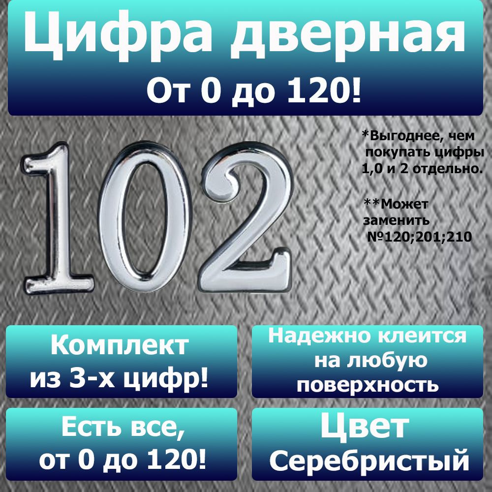 Цифра на дверь квартиры самоклеящаяся №102 с липким слоем Серебро, номер дверной Хром, Все цифры от 0 #1