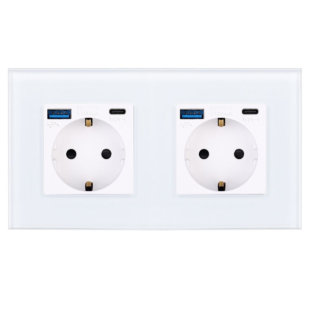 Двойная розетка с входами USB и Type-C Рамка стеклянная белый - купить ...