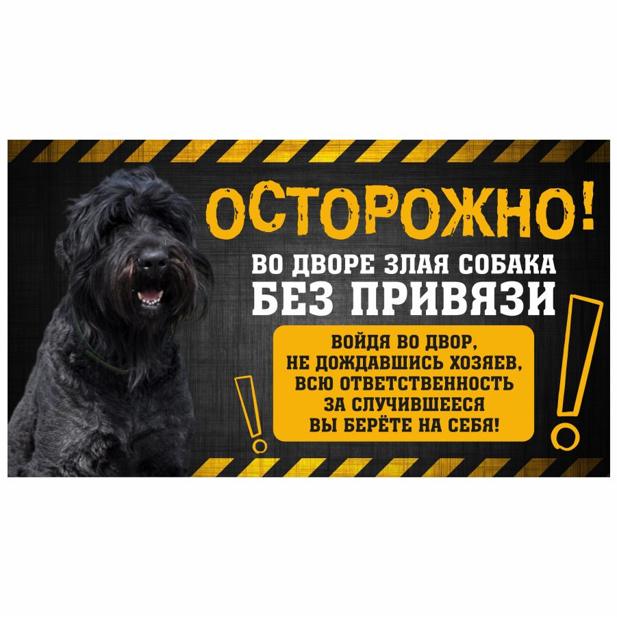 Табличка, с юмором, DANGER DOG, Осторожно! Во дворе собака без привязи,  Русский черный терьер, 25x14 см