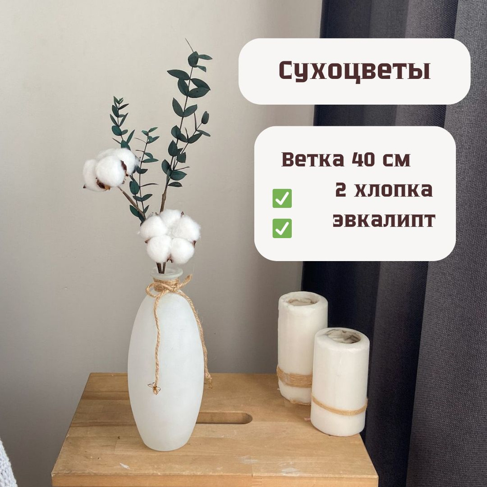 Сухоцветы Хлопок, Эвкалипт, 40 см, 20 гр, 1 шт