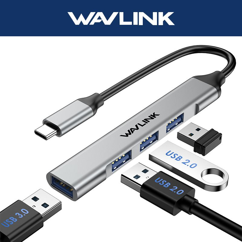 USB-концентратор WAVLINK с 4 портами USB 2.0/3.0 Алюминиевый USB ...