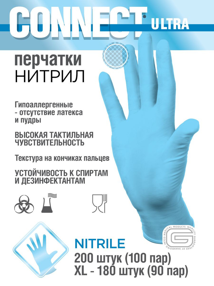 Перчатки нитриловые гипоаллергенные прочные CONNECT ULTRA S 100 пар 200 ...