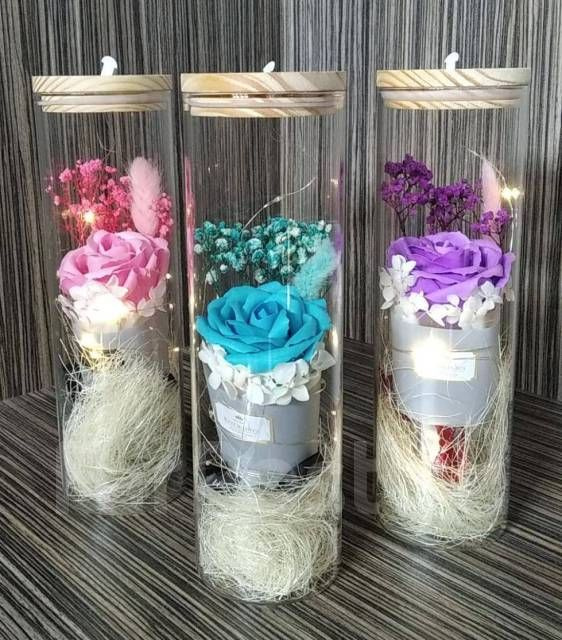 Роза в колбе, Букет из мыльных цветов под стеклянным куполом с LED ...