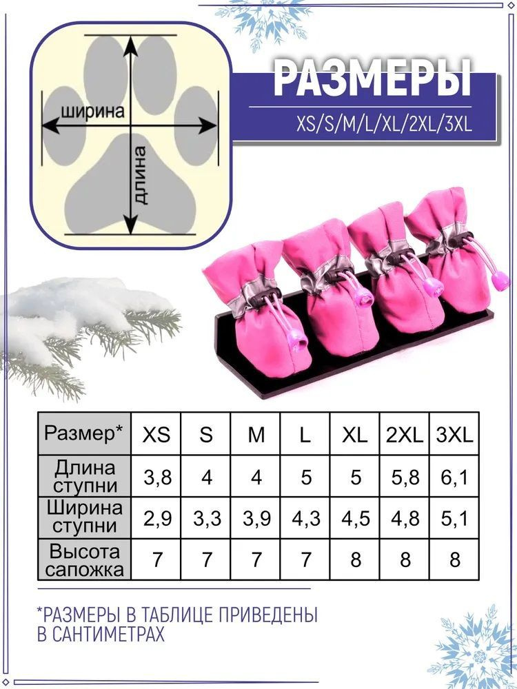 Утепленные сапожки подходят как для мелких и средних, так и для крупных пород собак. Подбирайте размер ботиночек по размерной сетке на фото. Точно измерьте лапку по ширине и длине, добавьте пару миллиметров на свободу облегания.