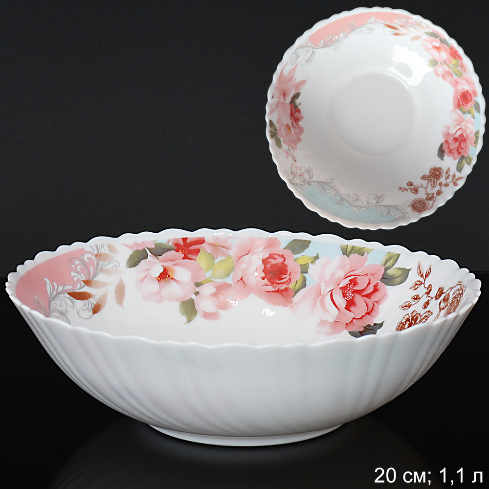 Салатник WHITE LILY глубокий Розы , 1100 мл, диаметр 20 см, голубой, розовый, стеклокерамика