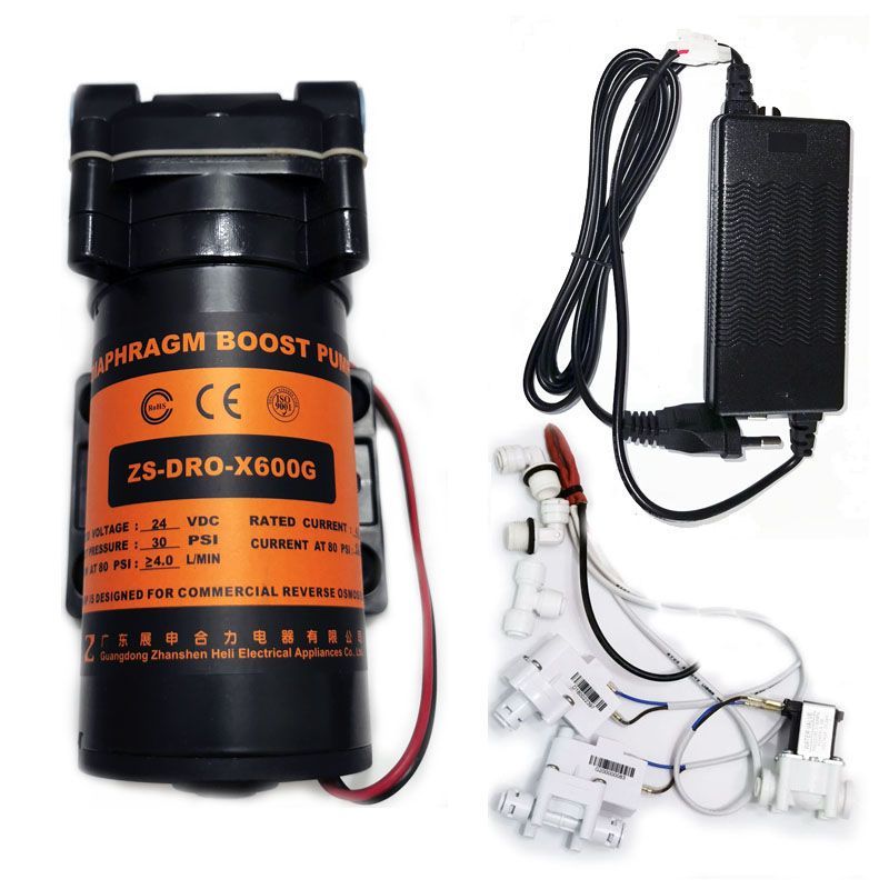 НасосZSDRO-X600G(помпа)+фитингинатрубку1/4"(6,5мм)сблокомпитания24В5А,соленоиднымклапаноминаборомдатчиковдляфильтрасобратнымосмосомРодничок.