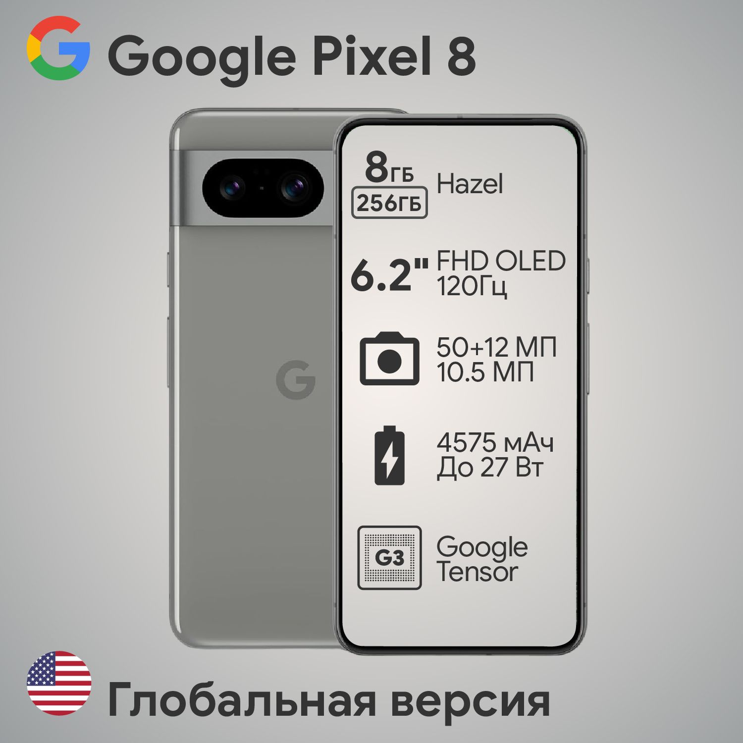 Смартфон Google Pixel 8 256 ГБ 8 ГБ Серый 6.2 OLED/AMOLED GA04866