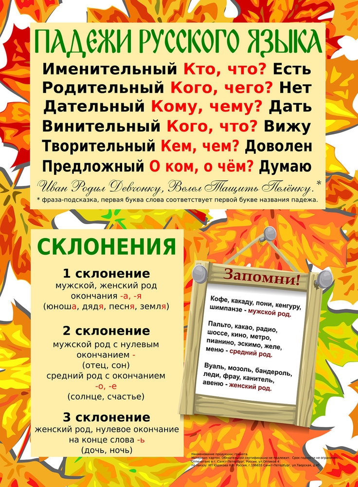 Плакат обучающий "Падежи и склонения русского языка" А3 со сложными ...