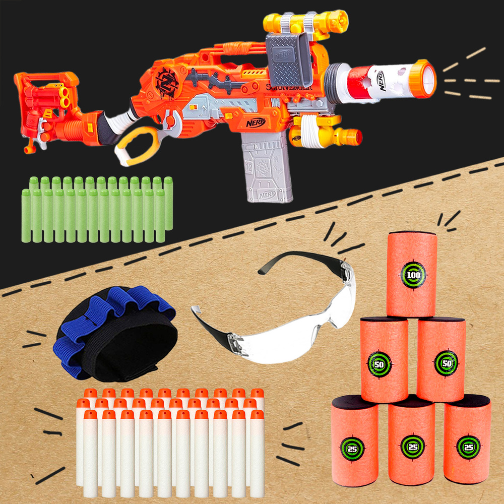 Бластер Нерф Зомби Выживший (Nerf Zombie Strike Survival System Scravenger)  + Мишени для стрельбы + Патроны светящиеся 30 шт + Очки защитные + ...