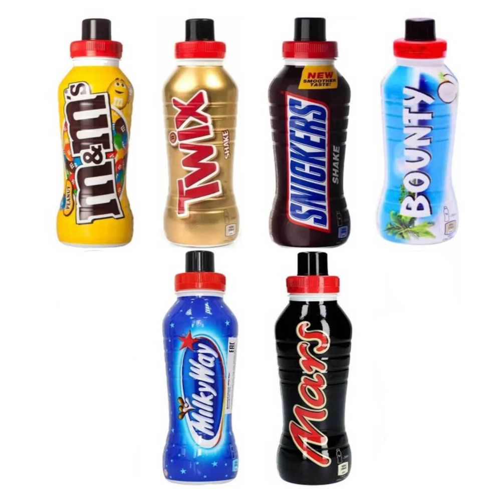 Молочные напитки M&Ms желтый, Twix, Snickers, Bounty, Mars, Milky Way, 6  шт. по 350 мл. Великобритания