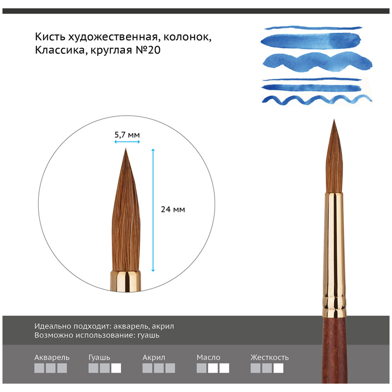 Кисть художественная колонок Гамма "Классика", круглая №20 - купить с ...