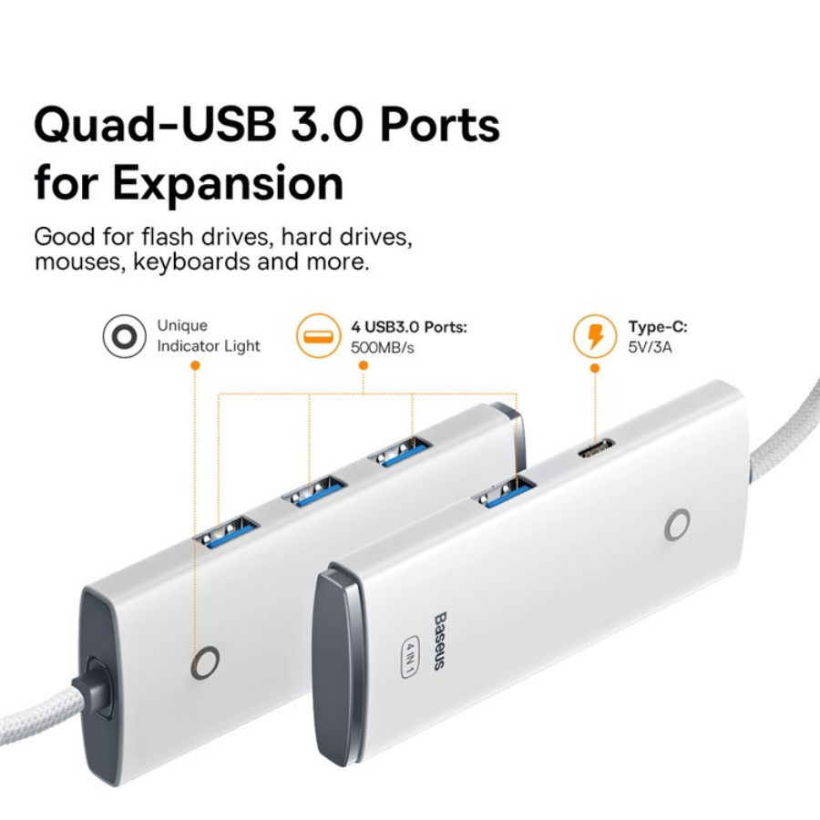 Хаб Baseus Lite Series 4-Port USB-A HUB Adapter (USB-A to USB 3.0x4 ) 25 см White (WKQX030002) #1