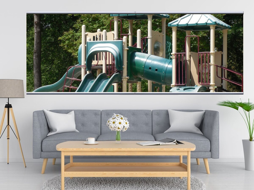 Картина на холсте "Детская площадка, горка, веселье" 240x90 см. с  алюминиевыми подвесами, в тубусе - купить по низкой цене в  интернет-магазине OZON (561707361)