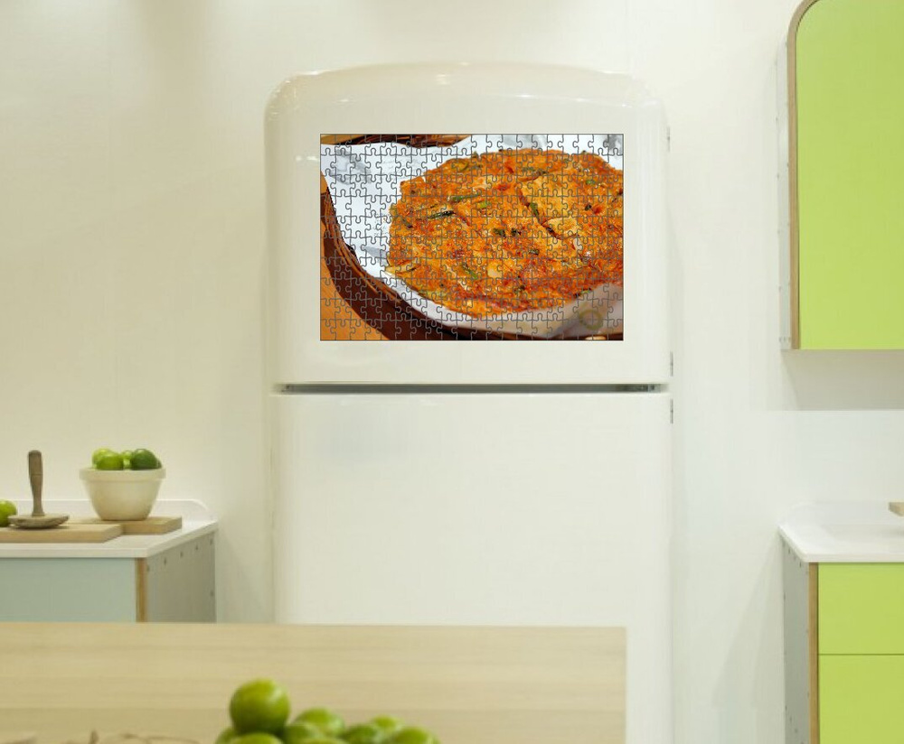 Магнитный пазл 38x26см."Кимчи пицца, корейский, пряный" на холодильник ...