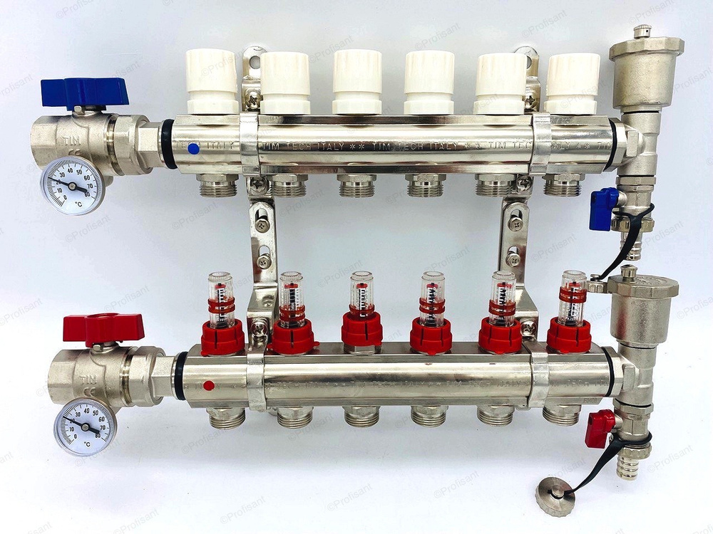 Коллектор для теплого пола с расходомерами, никелированная латунь, 1", 6 выходов, комплектован: автовоздухоотводчик, #1