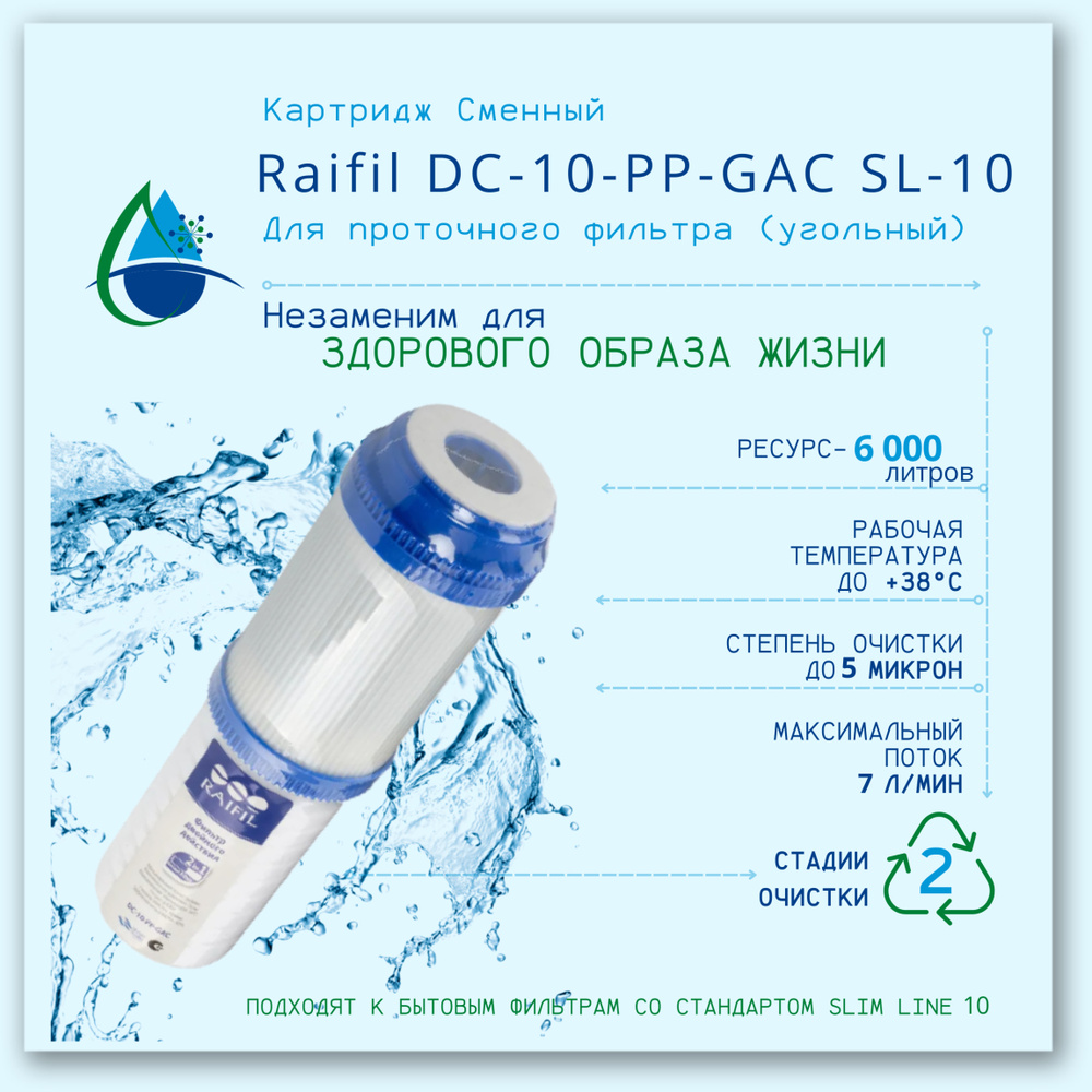Сменный картридж для проточного фильтра (угольный) Raifil DC-10-PP-GAC SL-10: 1шт.  #1