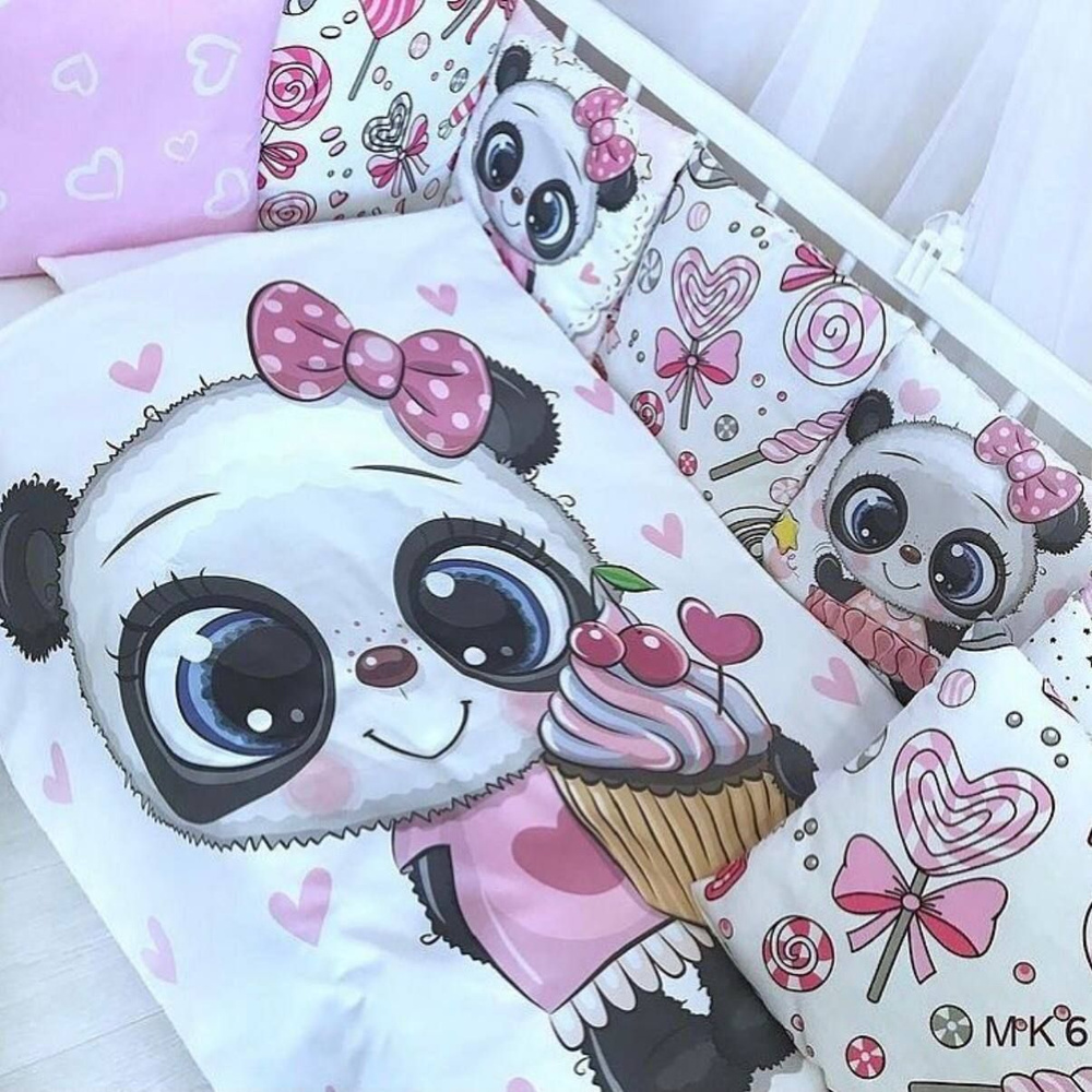 Бортики для кроватки Розовая панда МК 6 100018 / Бортики для детской кровати комплект / Постельное белье #1