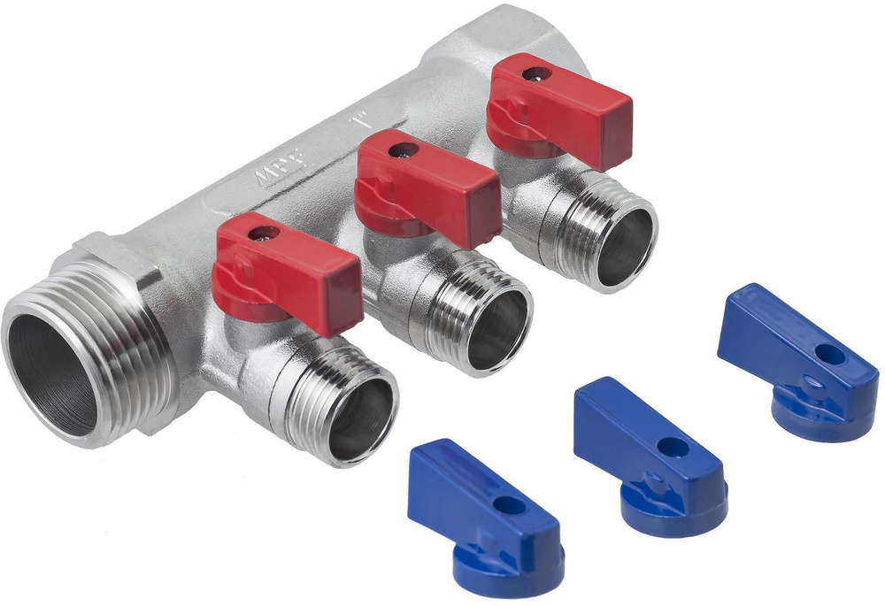 Коллектор латунный 1" на 3 выхода 1/2" с наружной резьбой и отсекающими кранами  #1