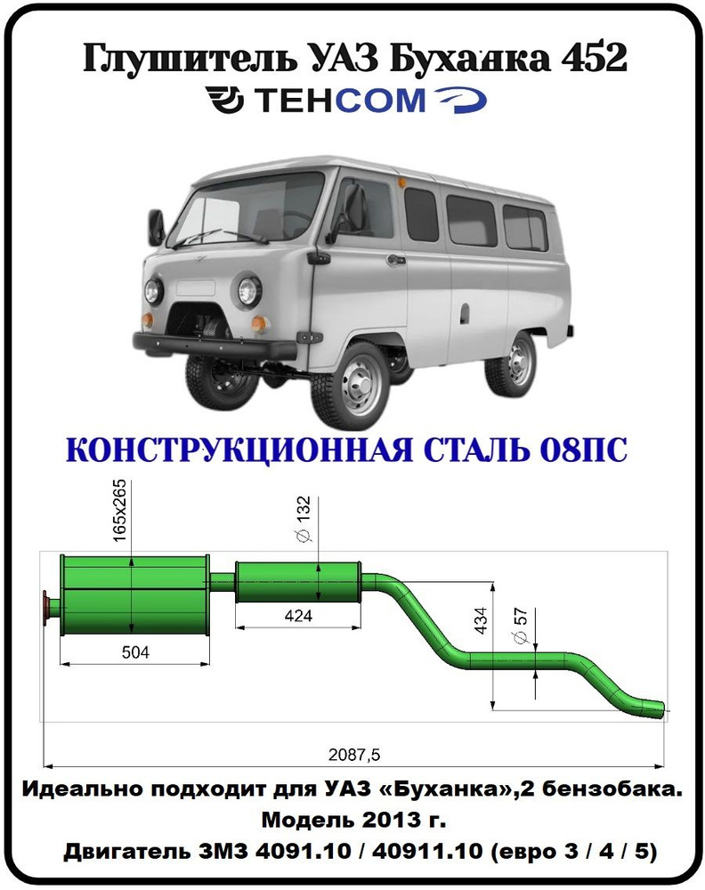 Глушитель УАЗ Буханка 2 бензобака ТЕХКОМ 2206/452 ЗМЗ 409 ЕВРО 4  конструкционная сталь (08ПС) Модель 2013-17г - купить по низкой цене в  интернет-магазине OZON (1340950293)